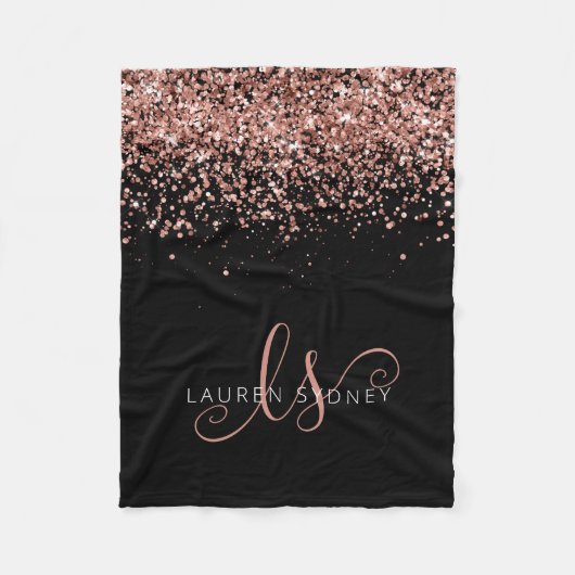 Luxuriöse Rose Gold Glitzer Elegantes Monogramm Fleecedecke (Vorderseite)