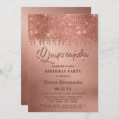 Luxuriöse Rose Gold Glitzer Pixel Quinceañera Einladung (Vorne/Hinten)