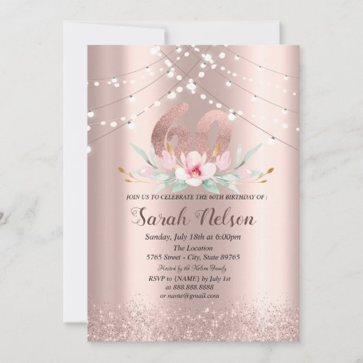 Luxuriöse Rose Gold Glitzer String Lights Blume Einladung (Vorderseite)
