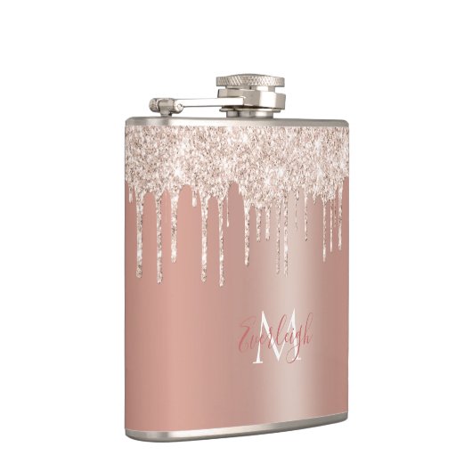 Luxuriöse Rose Gold Glitzer Tropfen mit Name/Monog Flachmann (Rechts)