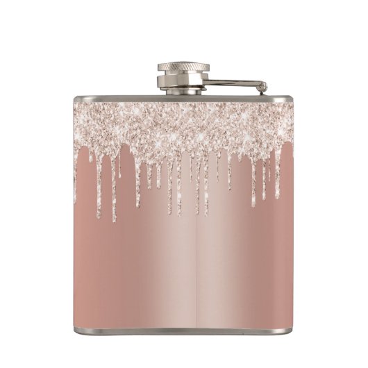 Luxuriöse Rose Gold Glitzer Tropfen mit Name/Monog Flachmann (Rückseite)