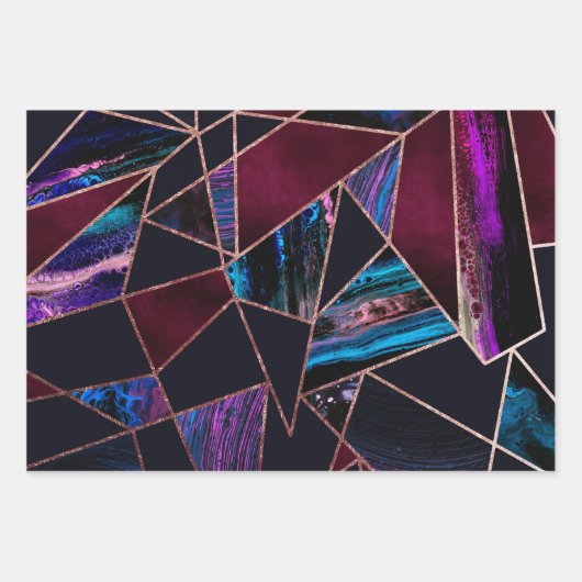 Luxuriöse Rose Gold Liquid Paint Marble Geometrie Geschenkpapier Set (Vorderseite)