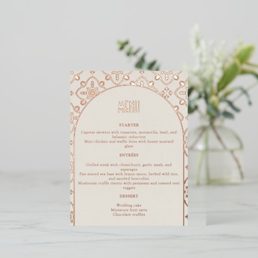 Luxuriöse Rose Gold Mediterrane Tile Wedding Menü (Stehend vorne)