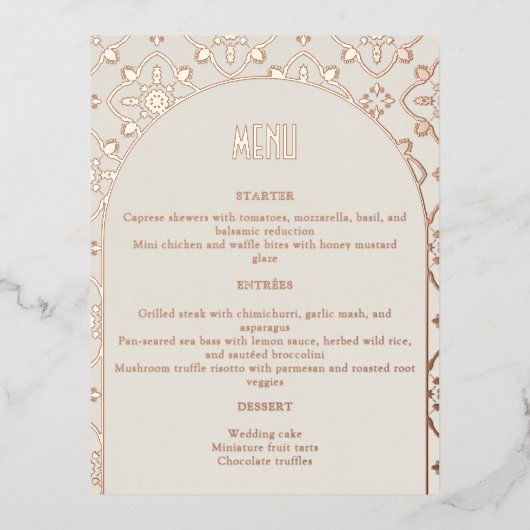 Luxuriöse Rose Gold Mediterrane Tile Wedding Menü (Vorderseite)
