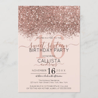 Luxuriöse Rose Gold Pink Glitzer Confetti Sweet 16 Einladung