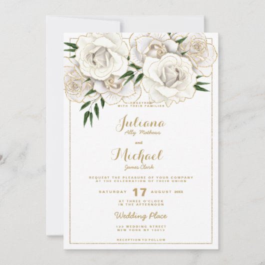 Luxuriöse Rose mit weißem Glitzer Hochzeit Einladung (Vorderseite)