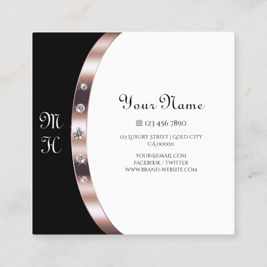 Luxuriöse Rose Schwarz und Weiß mit Monogramm Quadratische Visitenkarte (Rückseite)