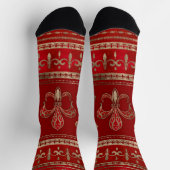 Luxuriöse Rot- und Goldverzierungen Fleur-de-lis Socken (Oben)