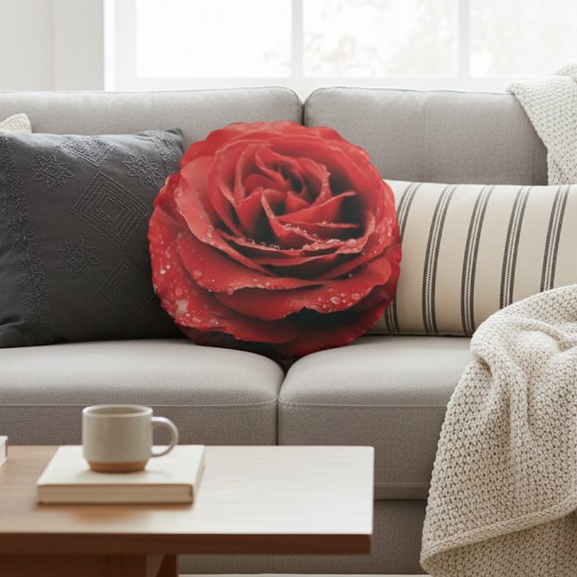 Luxuriöse Rote Rose Rundwurfkissen Rundes Kissen (Von Creator hochgeladen)