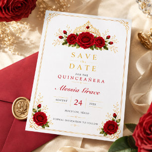 Luxuriöse rote Rose und goldene Krone Quinceañera Save The Date