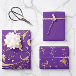Luxuriöse Royal Lila und Gold Damask Gemustert Geschenkpapier Set