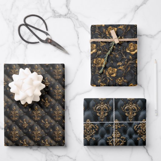 Luxuriöse Schwarz-Gold-Barock-Muster Geschenkpapier Set (Vorderseite)