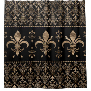 Luxuriöse Schwarz-Gold-Fleur-de-lis-Ornament Duschvorhang