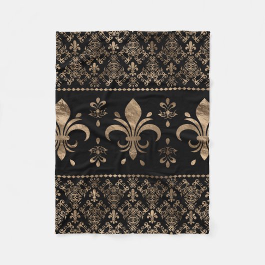 Luxuriöse Schwarz-Gold-Fleur-de-lis-Ornament Fleecedecke (Vorderseite)