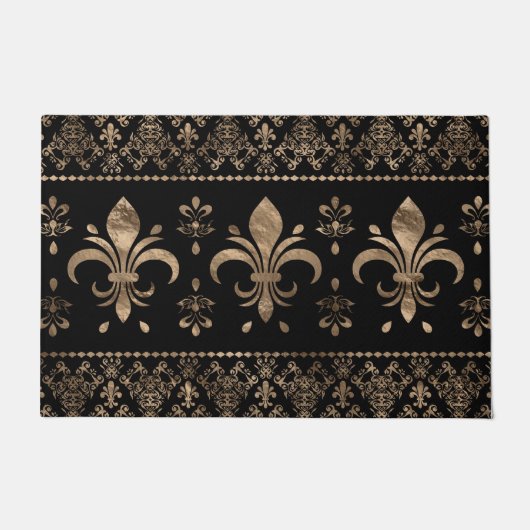 Luxuriöse Schwarz-Gold-Fleur-de-lis-Ornament Fußmatte (Vorderseite)