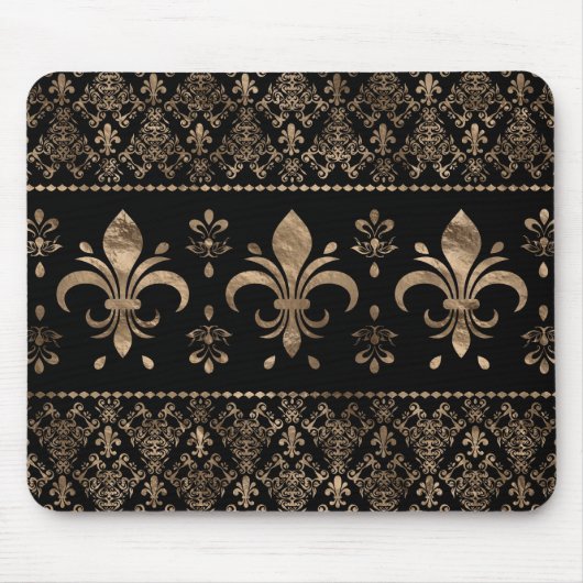 Luxuriöse Schwarz-Gold Fleur-de-lis-Ornament Mousepad (Vorne)
