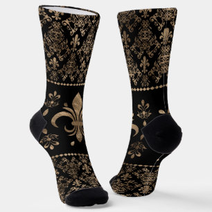 Luxuriöse Schwarz-Gold Fleur-de-lis-Ornament Socken