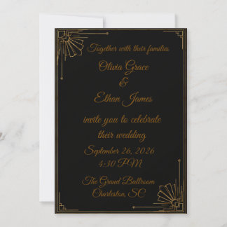 Luxuriöse schwarz-goldene Art Deco-Hochzeitseinlad Einladung