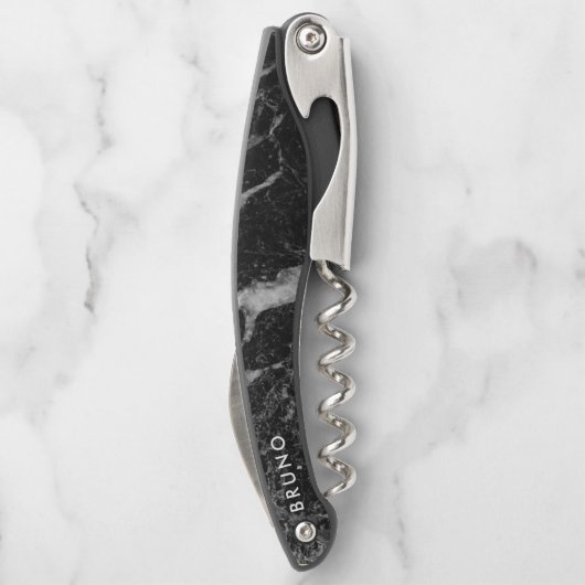 Luxuriöse Schwarz-Grau-Imitate Marmormonogramm Kellnermesser (Rückseite)