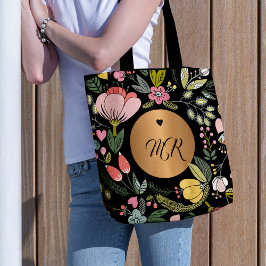 Luxuriöse schwarz-pastellrosa Blumenmonogramm Tasche