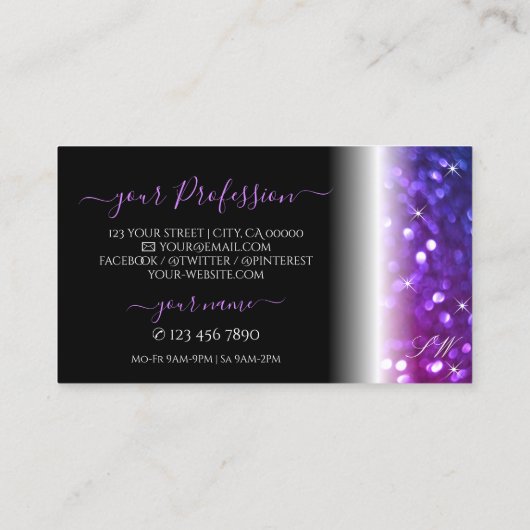 Luxuriöse Schwarz Rosa Lila Sparkle Glitzer Monogr Visitenkarte (Rückseite)