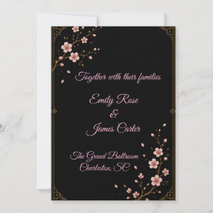 Luxuriöse schwarze Gold- und Sakura-Hochzeitseinla Einladung