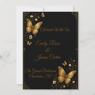 Luxuriöse schwarze goldene Schmetterling-Hochzeits Einladung