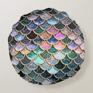Luxuriöse silberne Glitzer Mermaid Scales Rundes Kissen
