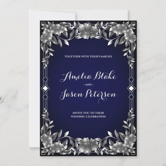 Luxuriöse Silver Carving Foliage Wedding Einladung (Vorderseite)