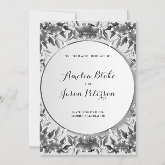 Luxuriöse Silver Carving Foliage Wedding Einladung (Vorderseite)