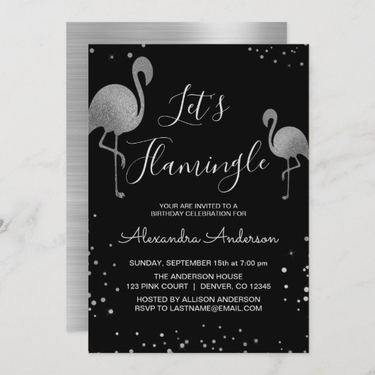 Luxuriöse Silver Foil Let's Flamingle - Flamingo Einladung (Vorne/Hinten)