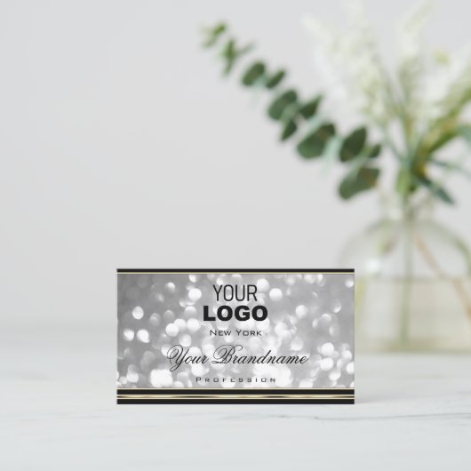 Luxuriöse Silver Glitzer Logo Schwarz Golden Borde Visitenkarte (Stehend Vorderseite)