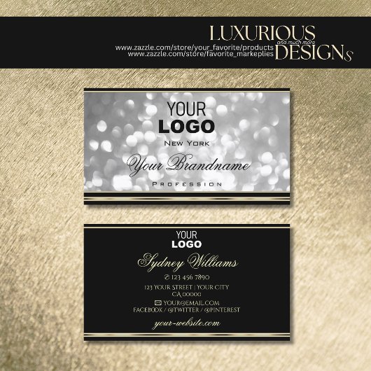 Luxuriöse Silver Glitzer Logo Schwarz Golden Borde Visitenkarte