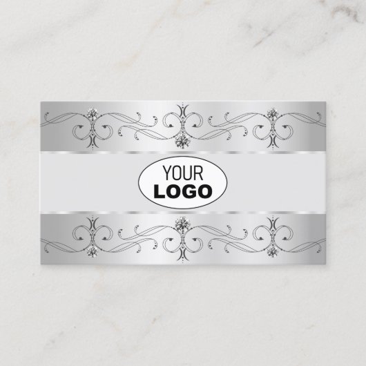 Luxuriöse Silver Gray Verziert Borders Logo und Fo Visitenkarte (Vorderseite)