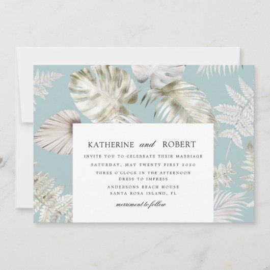 Luxuriöse Silver Tropical Foliage Wedding Einladung (Vorderseite)
