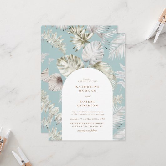 Luxuriöse Silver Tropical Foliage Wedding Einladung (Vorderseite/Rückseite Beispiel)
