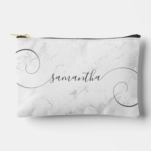 Luxuriöse Silver White Marble Curly Signature Name Zubehörtasche (Vorderseite)