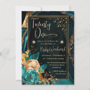 Luxuriöse Teal- und Gold-Blumen-Achat-Geburtstagsf Einladung