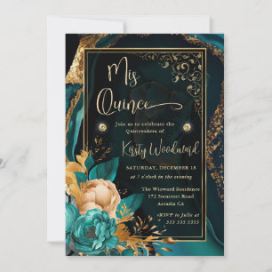Luxuriöse Teal- und Gold-Blumen-Agate-Quinceanera Einladung