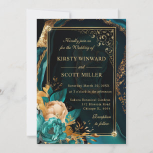 Luxuriöse Teal- und Gold-Blumenrose-Achat-Hochzeit Einladung
