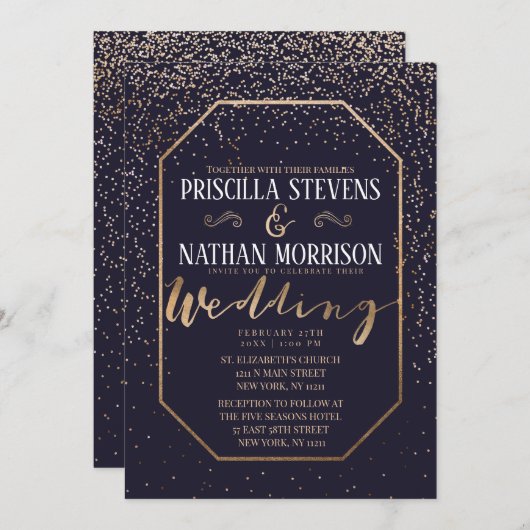Luxuriöse trendy Gold Confetti Navy Blue Wedding Einladung (Vorne/Hinten)