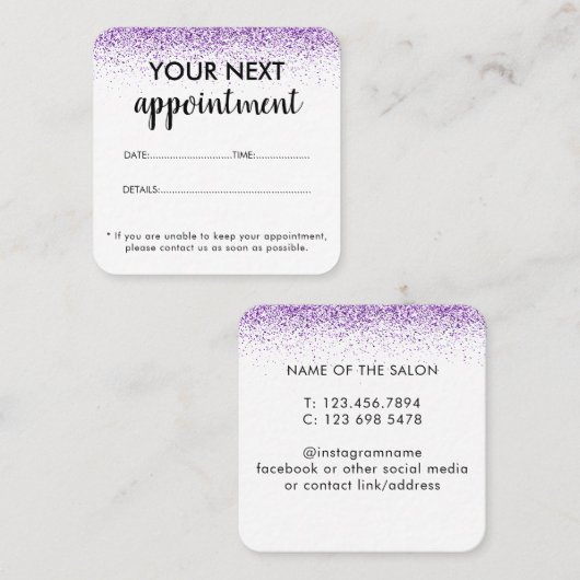 Luxuriöse Tropfen Glitzer lila Salon Terminkarte (Vorne/Hinten)