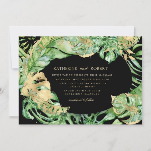 Luxuriöse Tropical Golden Foliage Hochzeit Einladung (Vorderseite)