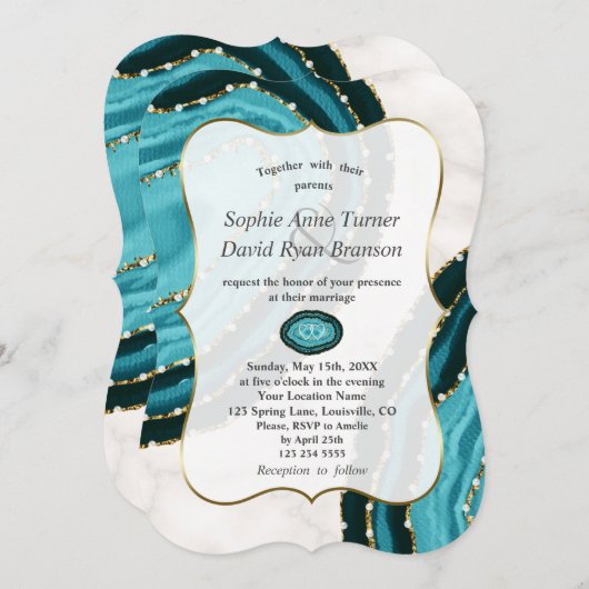 Luxuriöse türkisfarbene Perlen Hochzeit Einladung (Vorne/Hinten)