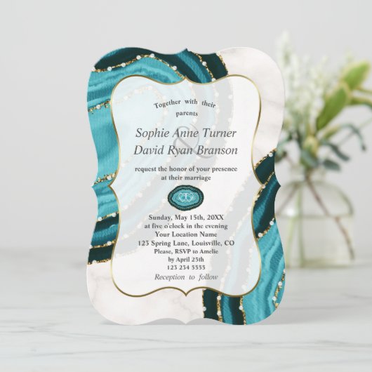 Luxuriöse türkisfarbene Perlen Hochzeit Einladung (Stehend Vorderseite)