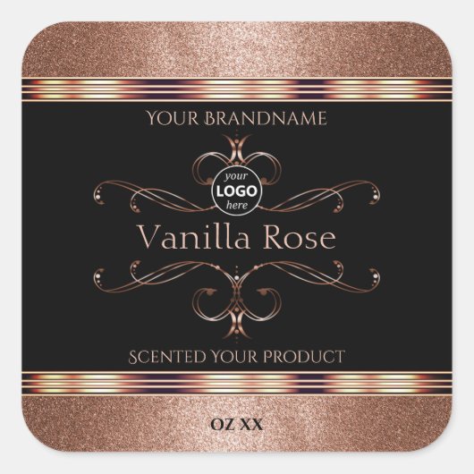 Luxuriöse Verzierte Rosegold Black Product Labels  Quadratischer Aufkleber (Vorderseite)