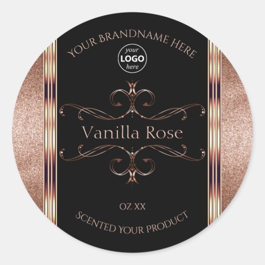 Luxuriöse Verzierte Rosegold Black Product Labels Runder Aufkleber (Vorderseite)
