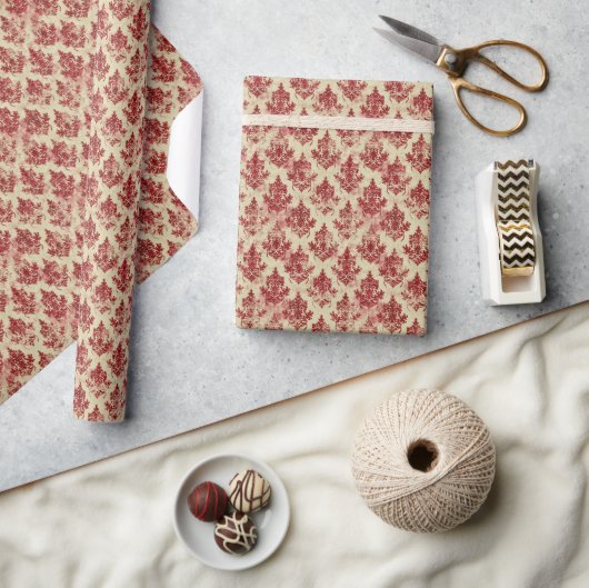 Luxuriöse Vintage Creme und Red Damask Muster Geschenkpapier (Kunsthandwerk)