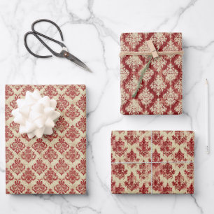 Luxuriöse Vintage Creme und Red Damask Muster Geschenkpapier Set
