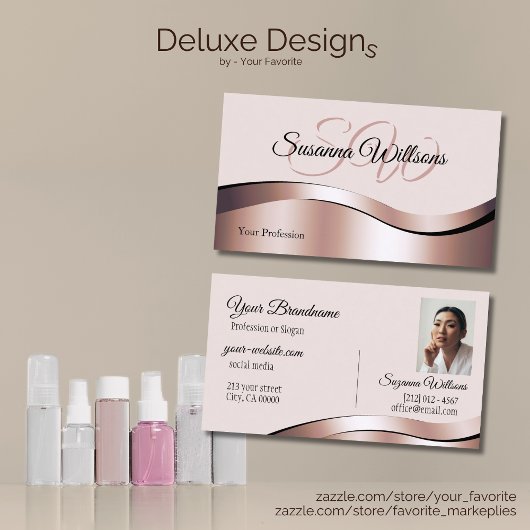 Luxuriöse Wave Rose Gold Decor Initialen und Foto Visitenkarte